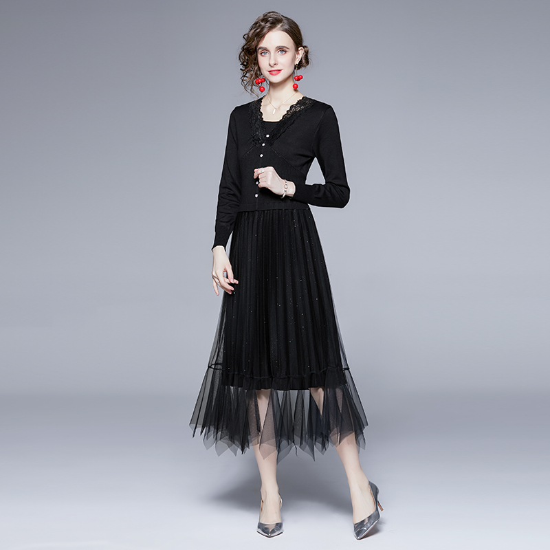 Niche gauze knitted lace irregular long sleeve dress