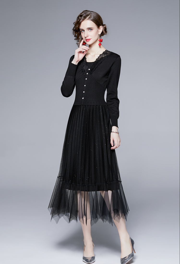 Niche gauze knitted lace irregular long sleeve dress