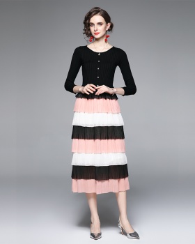 Chiffon knitted sweater mixed colors cake dress