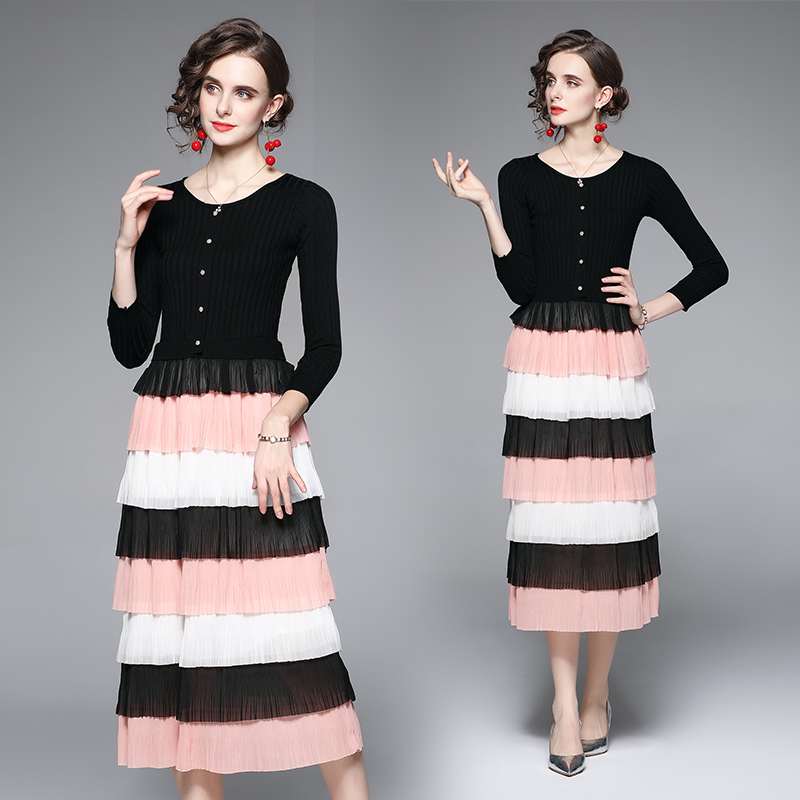 Chiffon knitted sweater mixed colors cake dress