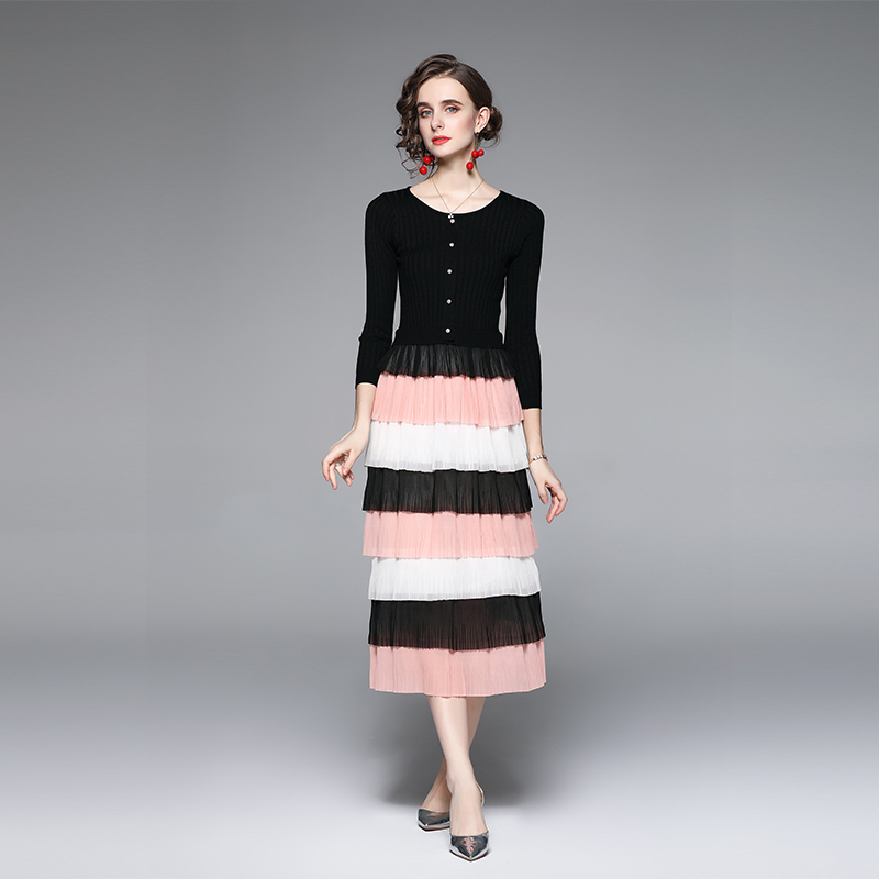 Chiffon knitted sweater mixed colors cake dress