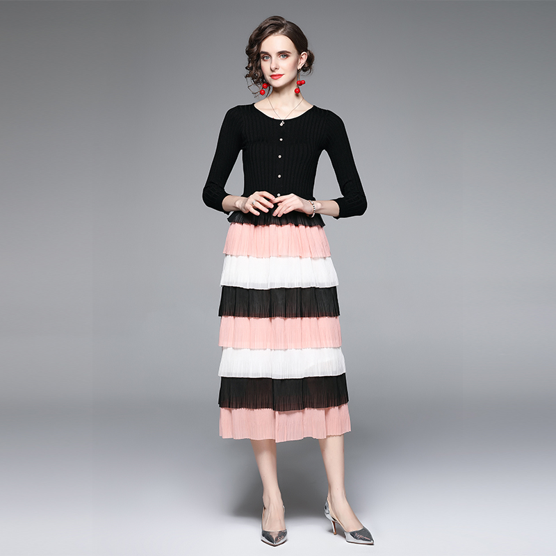 Chiffon knitted sweater mixed colors cake dress