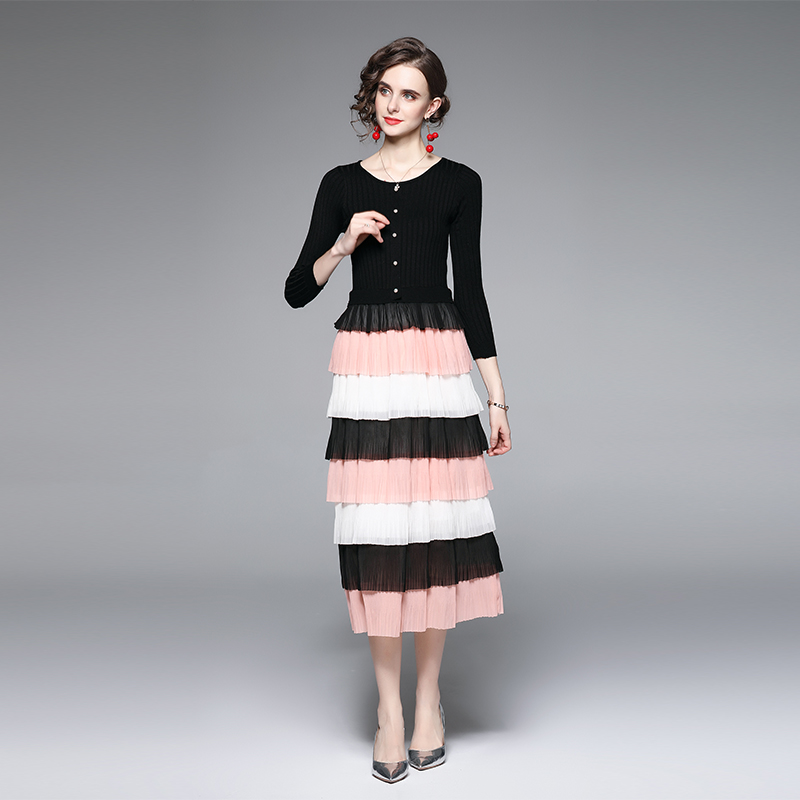 Chiffon knitted sweater mixed colors cake dress