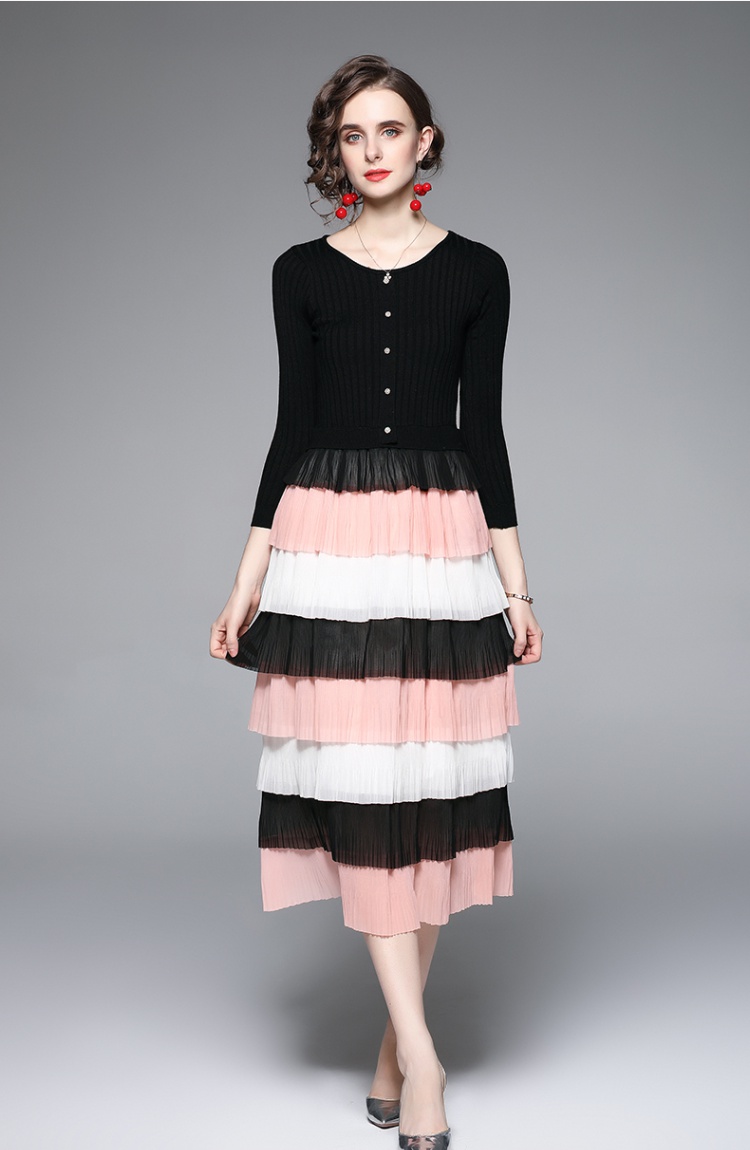 Chiffon knitted sweater mixed colors cake dress