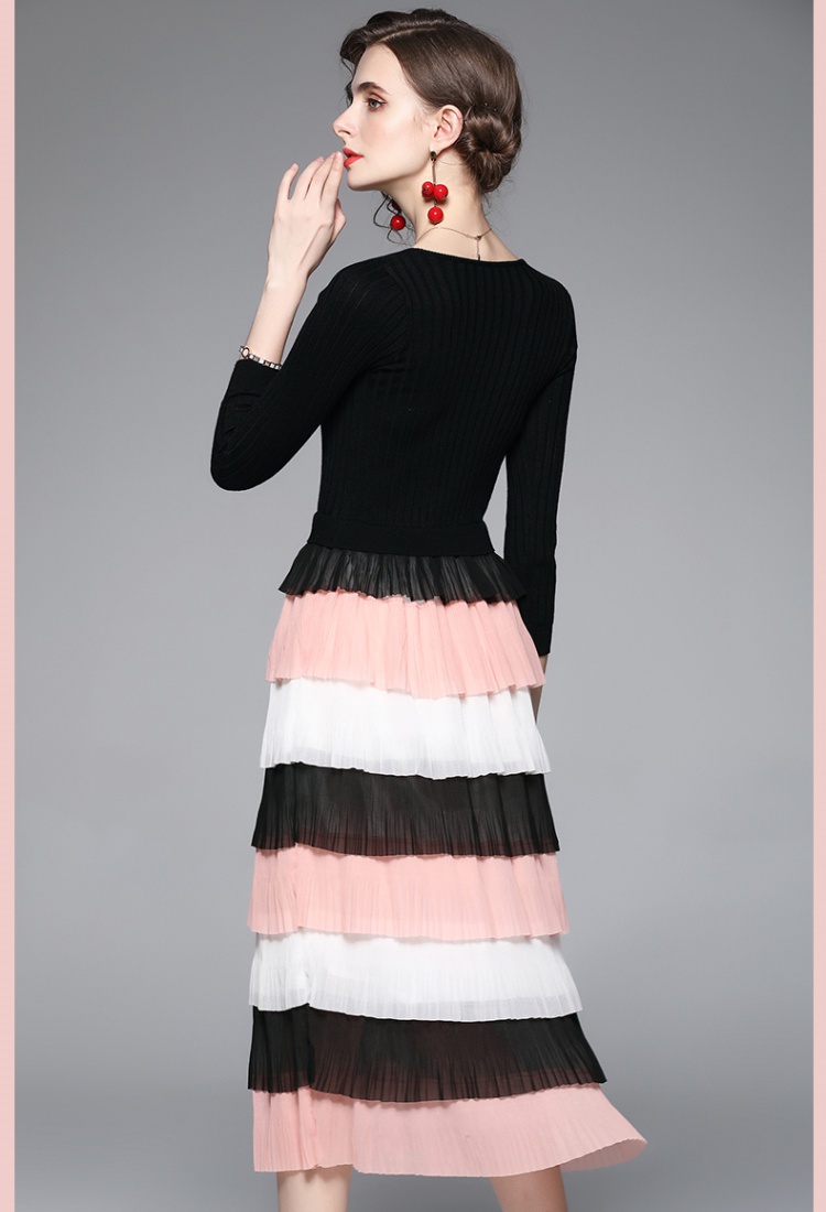 Chiffon knitted sweater mixed colors cake dress