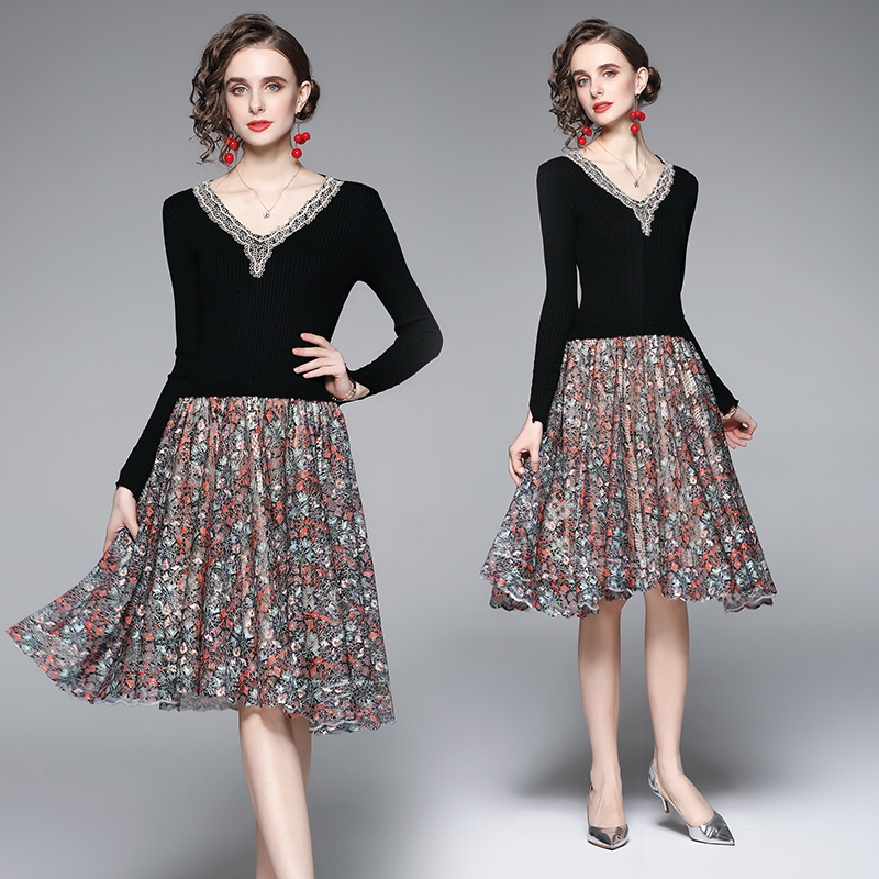 Autumn and winter splice dress knitted lace sweater