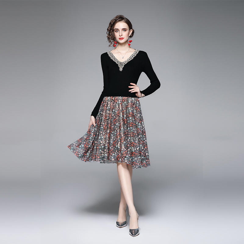 Autumn and winter splice dress knitted lace sweater