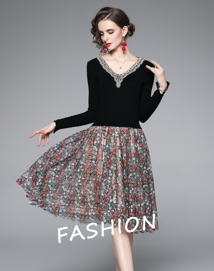 Autumn and winter splice dress knitted lace sweater