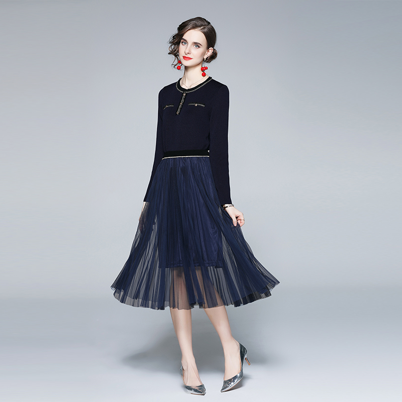 Slim gauze autumn pinched waist temperament splice knitted dress