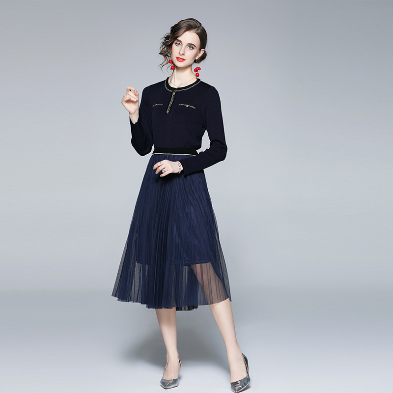 Slim gauze autumn pinched waist temperament splice knitted dress