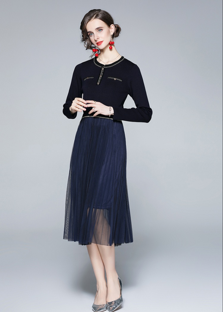 Slim gauze autumn pinched waist temperament splice knitted dress