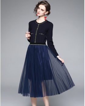 Long sleeve pinched waist splice knitted dress