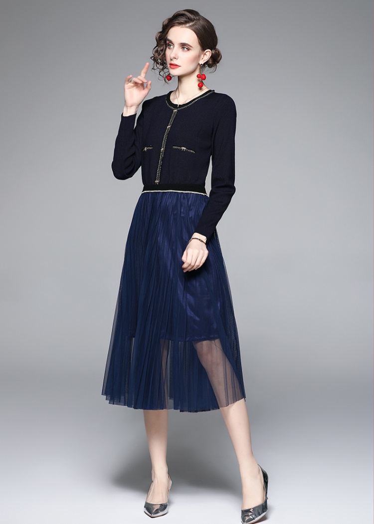 Long sleeve pinched waist splice knitted dress