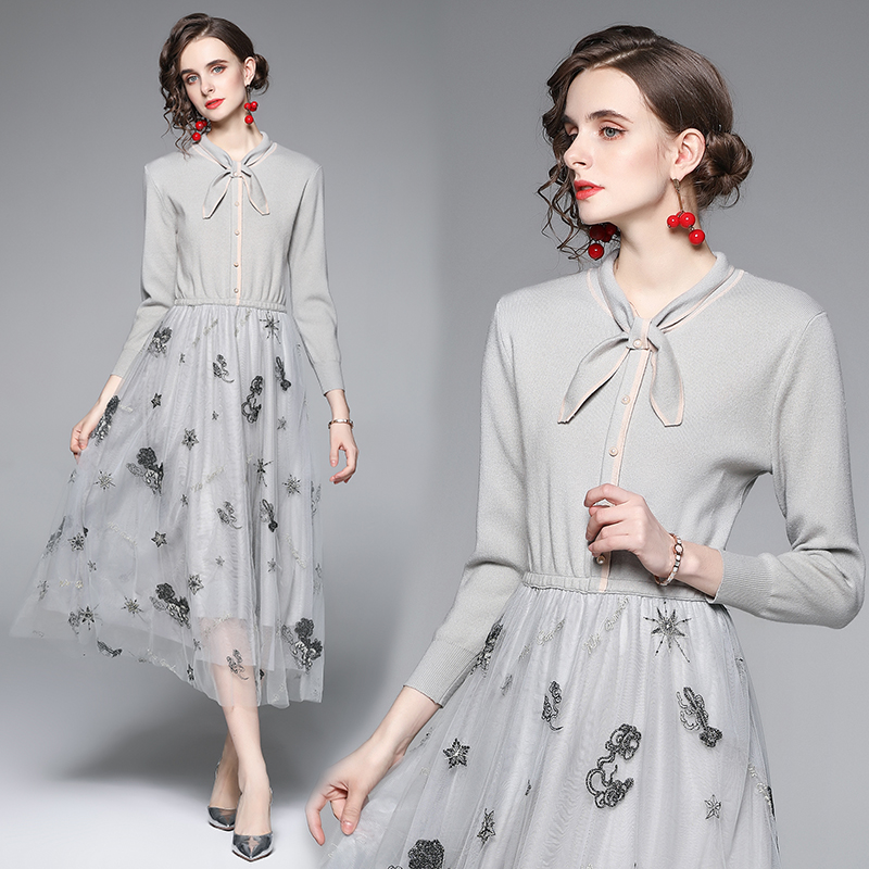 Chanelstyle collar autumn and winter gauze splice dress