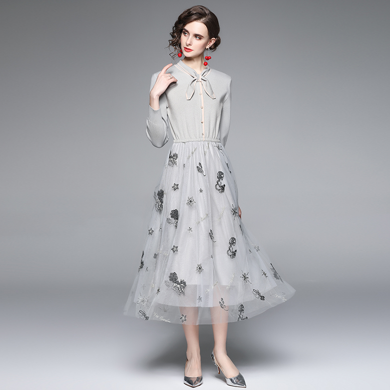 Chanelstyle collar autumn and winter gauze splice dress