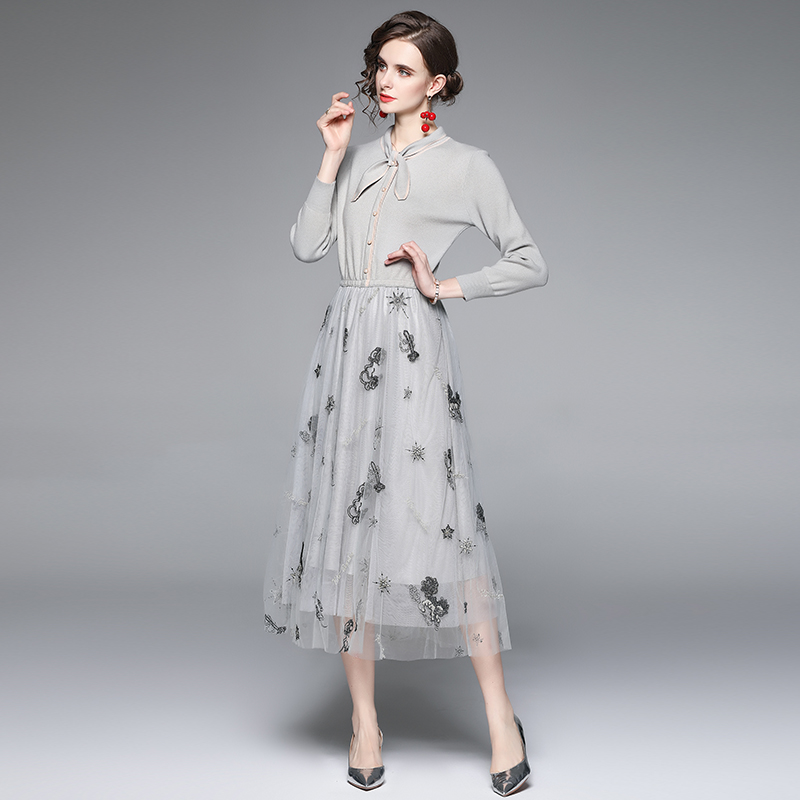 Chanelstyle collar autumn and winter gauze splice dress