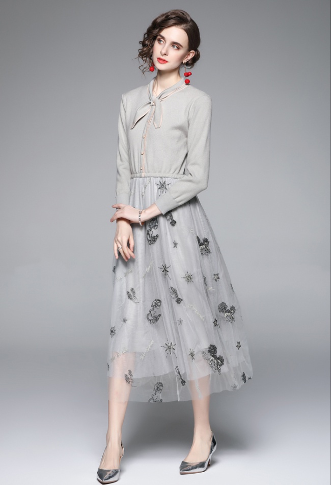 Chanelstyle collar autumn and winter gauze splice dress