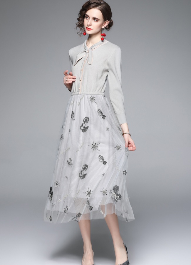 Chanelstyle collar autumn and winter gauze splice dress