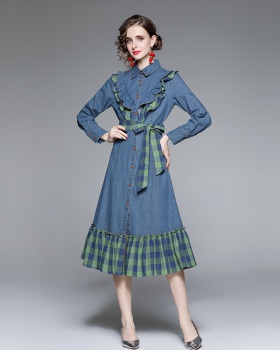 Long pinched waist plaid autumn and winter dress