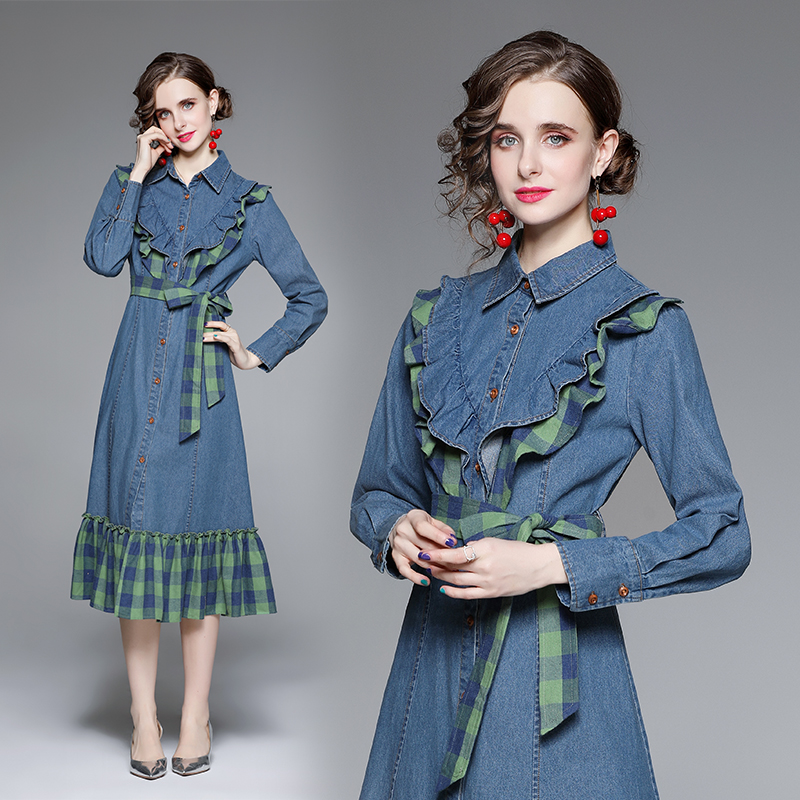 Long pinched waist plaid autumn and winter dress