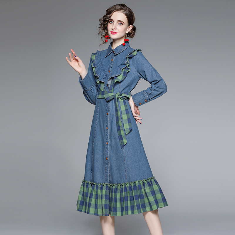 Long pinched waist plaid autumn and winter dress