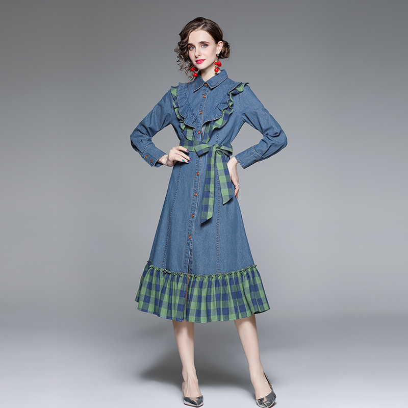 Long pinched waist plaid autumn and winter dress