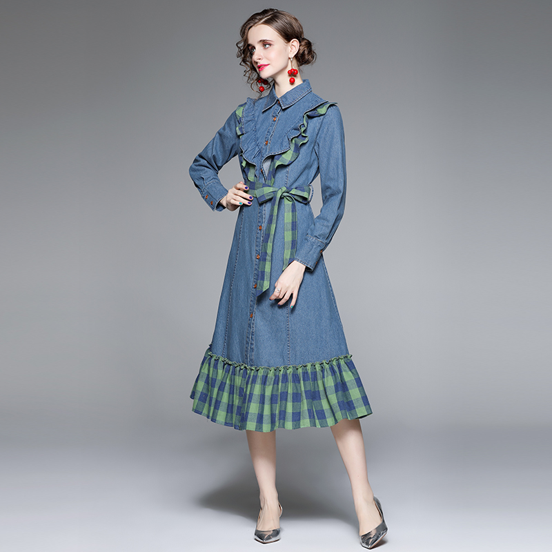 Long pinched waist plaid autumn and winter dress