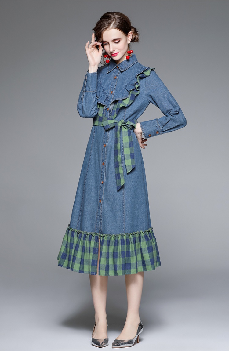 Long pinched waist plaid autumn and winter dress