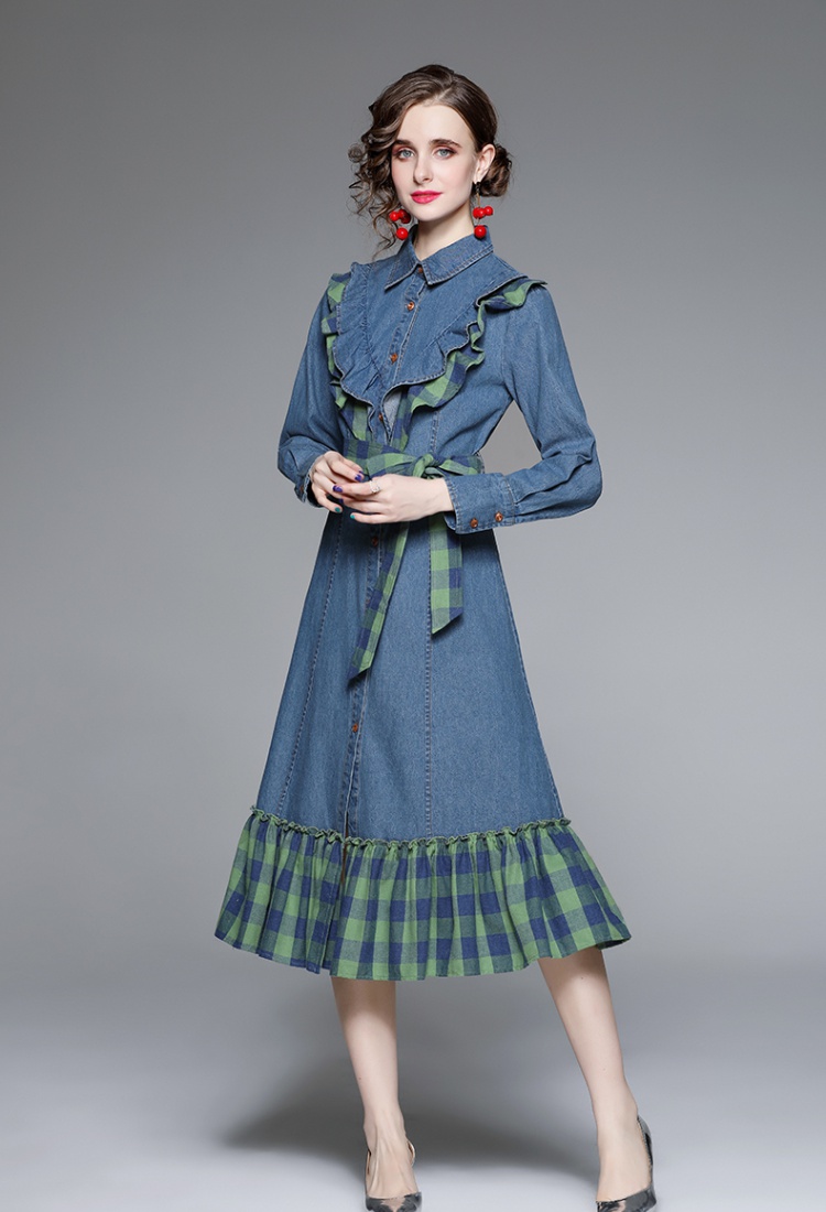 Long pinched waist plaid autumn and winter dress