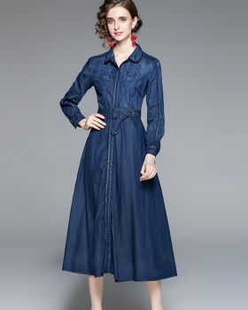 Denim autumn long dress pinched waist dress for women