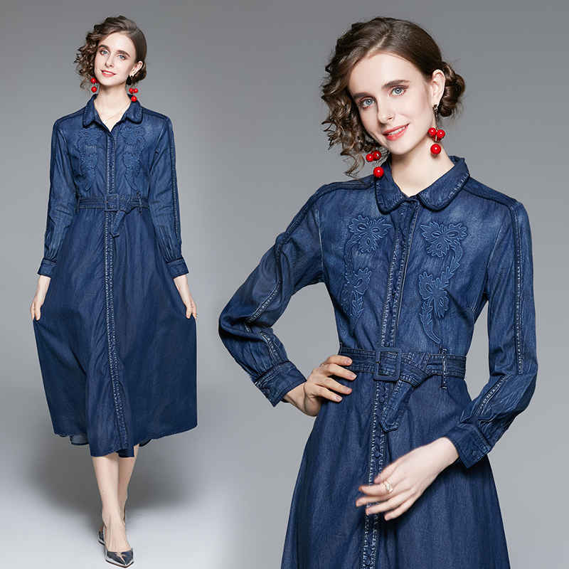 Denim autumn long dress pinched waist dress for women