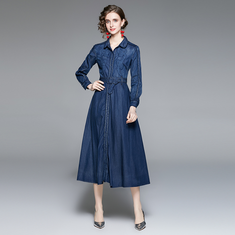 Denim autumn long dress pinched waist dress for women