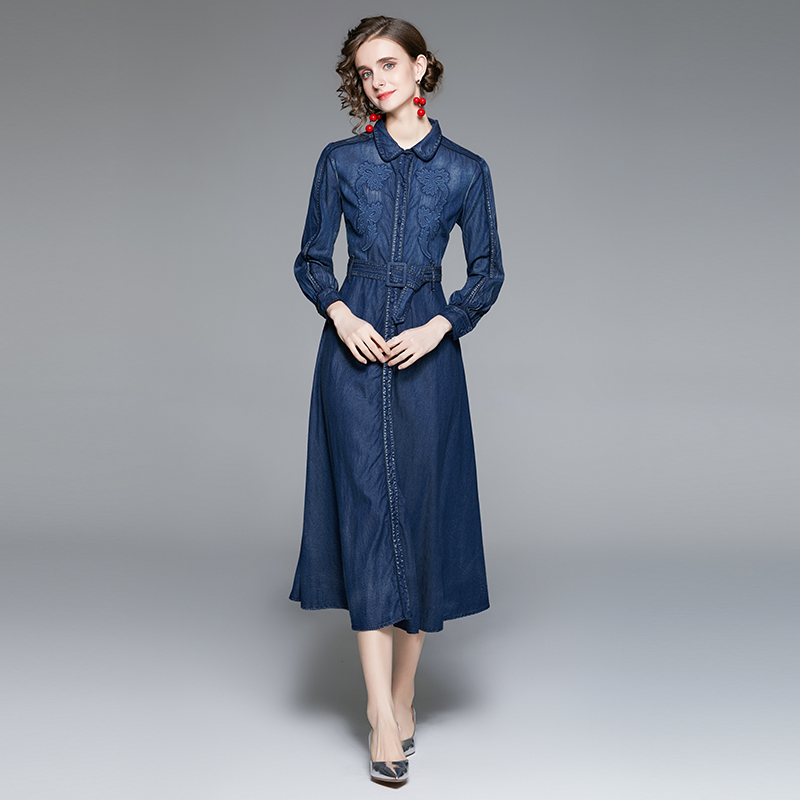 Denim autumn long dress pinched waist dress for women