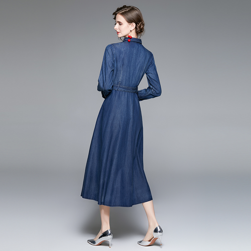 Denim autumn long dress pinched waist dress for women