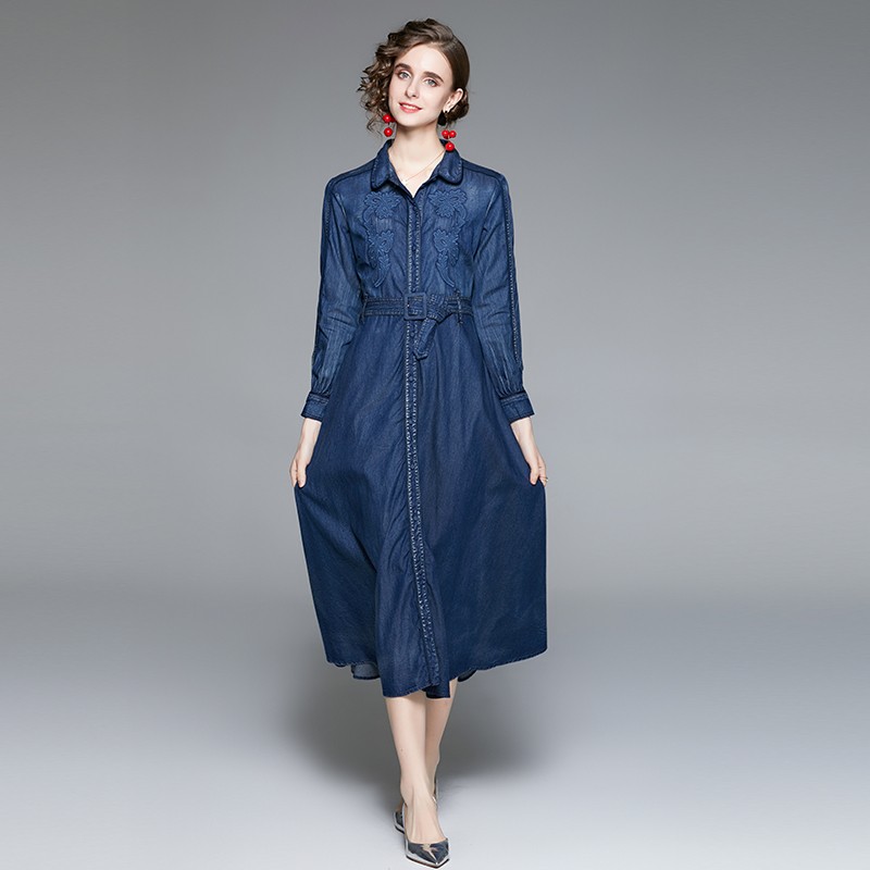 Denim autumn long dress pinched waist dress for women