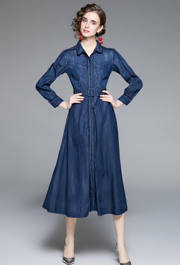 Denim autumn long dress pinched waist dress for women