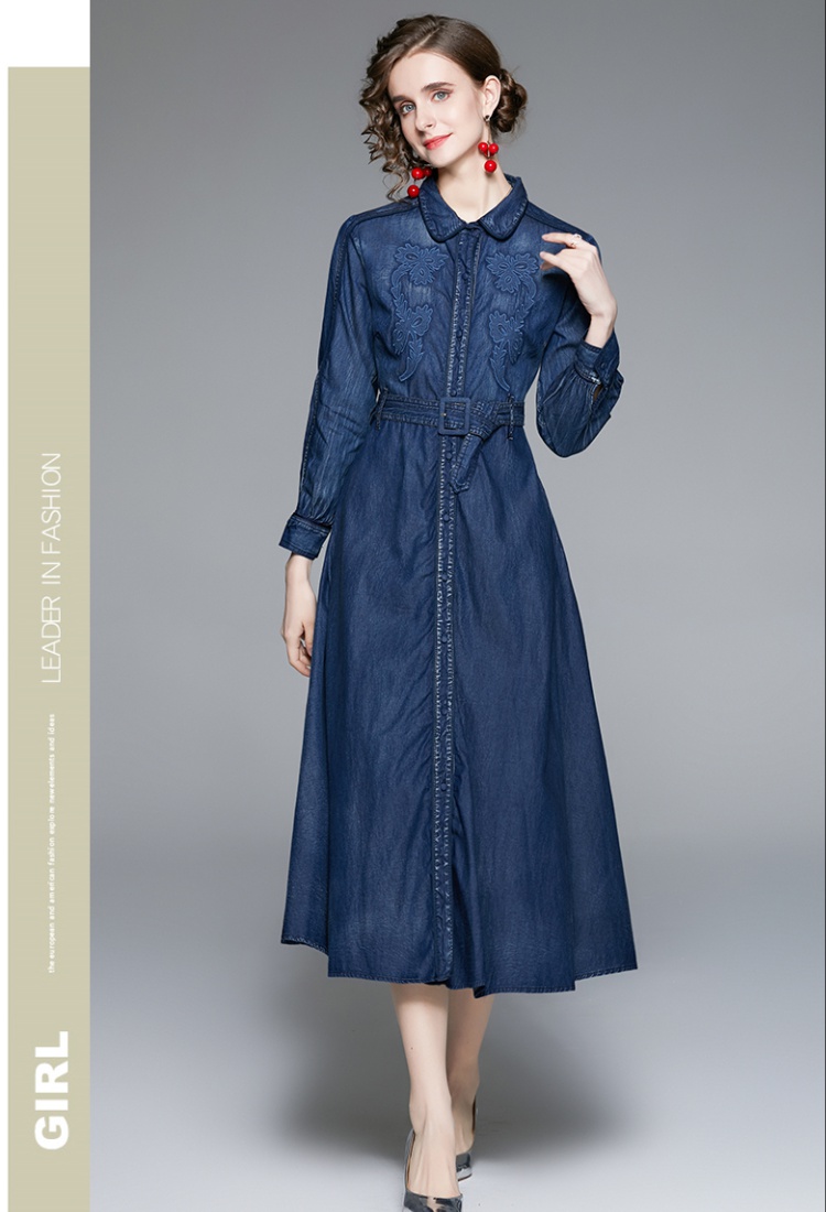 Denim autumn long dress pinched waist dress for women