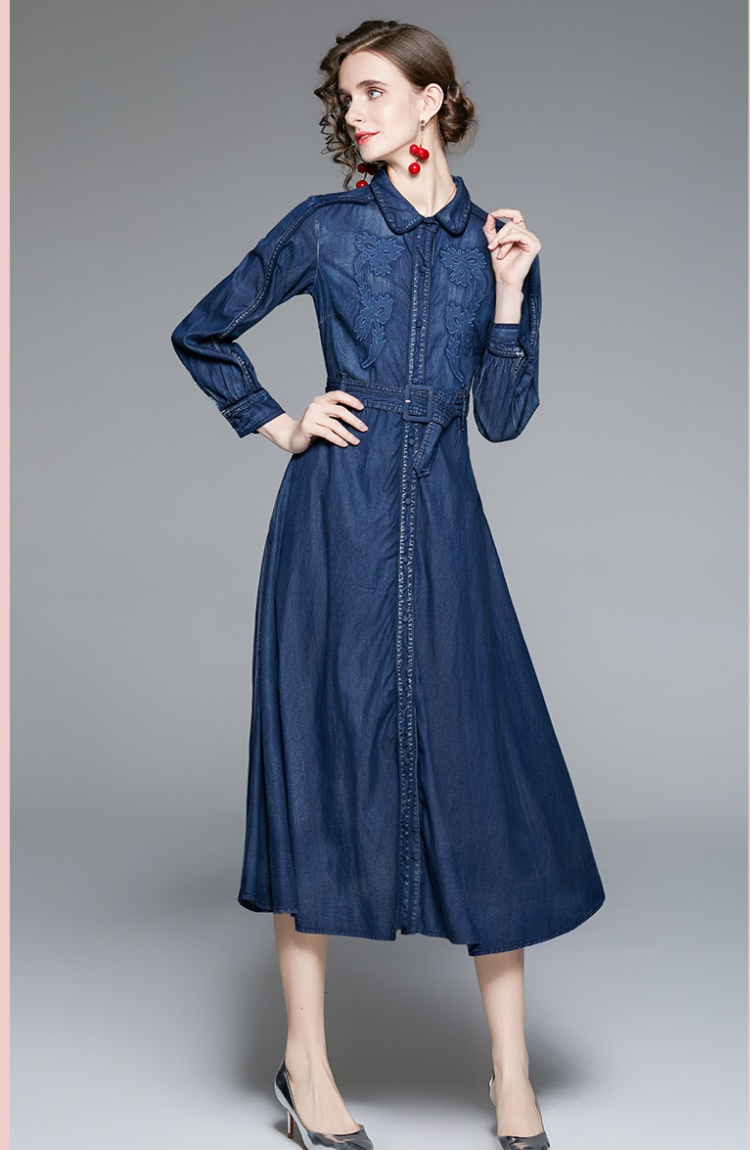 Denim autumn long dress pinched waist dress for women