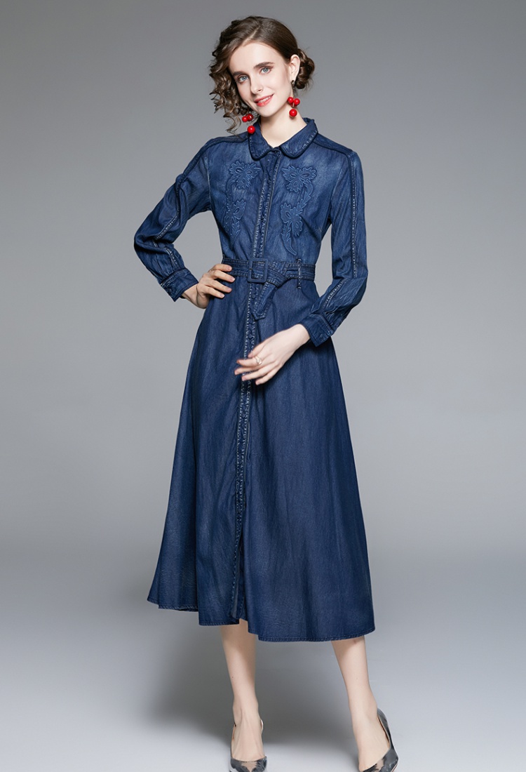 Denim autumn long dress pinched waist dress for women