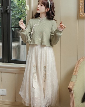 Embroidery autumn Pseudo-two gauze dress for women