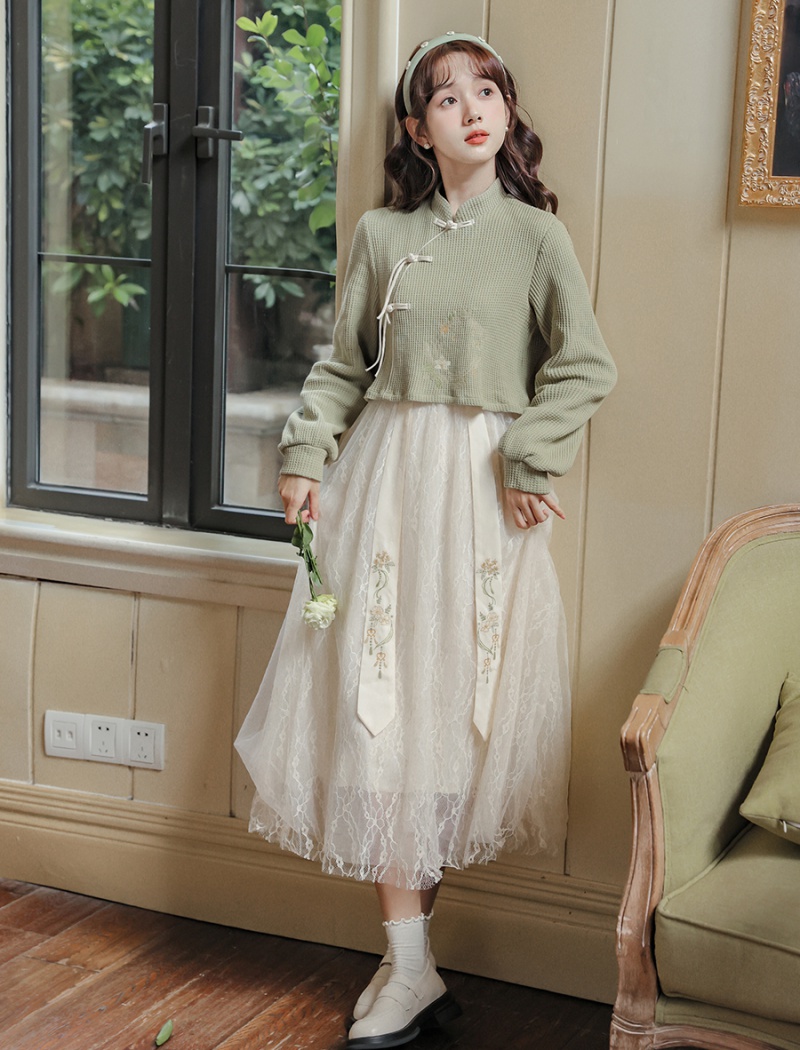 Embroidery autumn Pseudo-two gauze dress for women