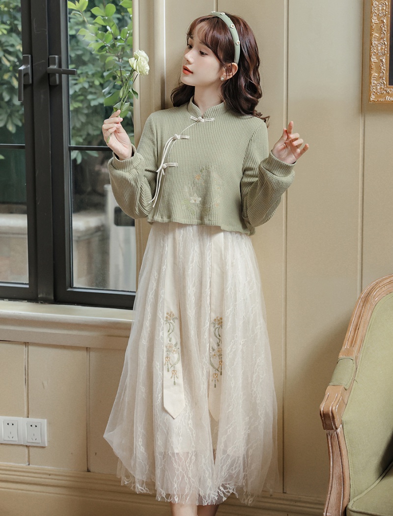 Embroidery autumn Pseudo-two gauze dress for women