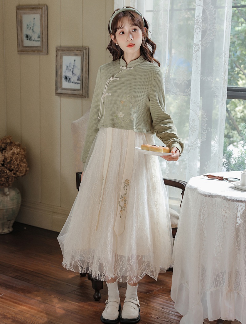 Embroidery autumn Pseudo-two gauze dress for women