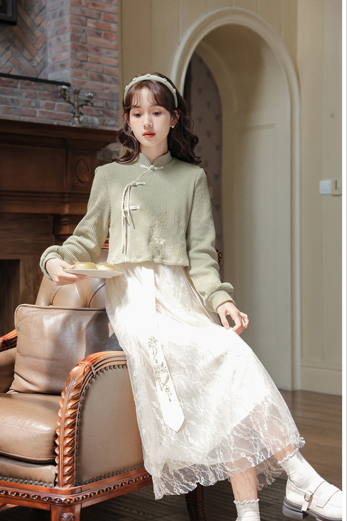 Embroidery autumn Pseudo-two gauze dress for women