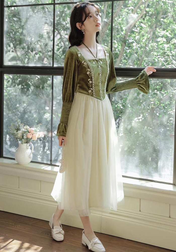 Retro court style lady dress embroidery slim dress