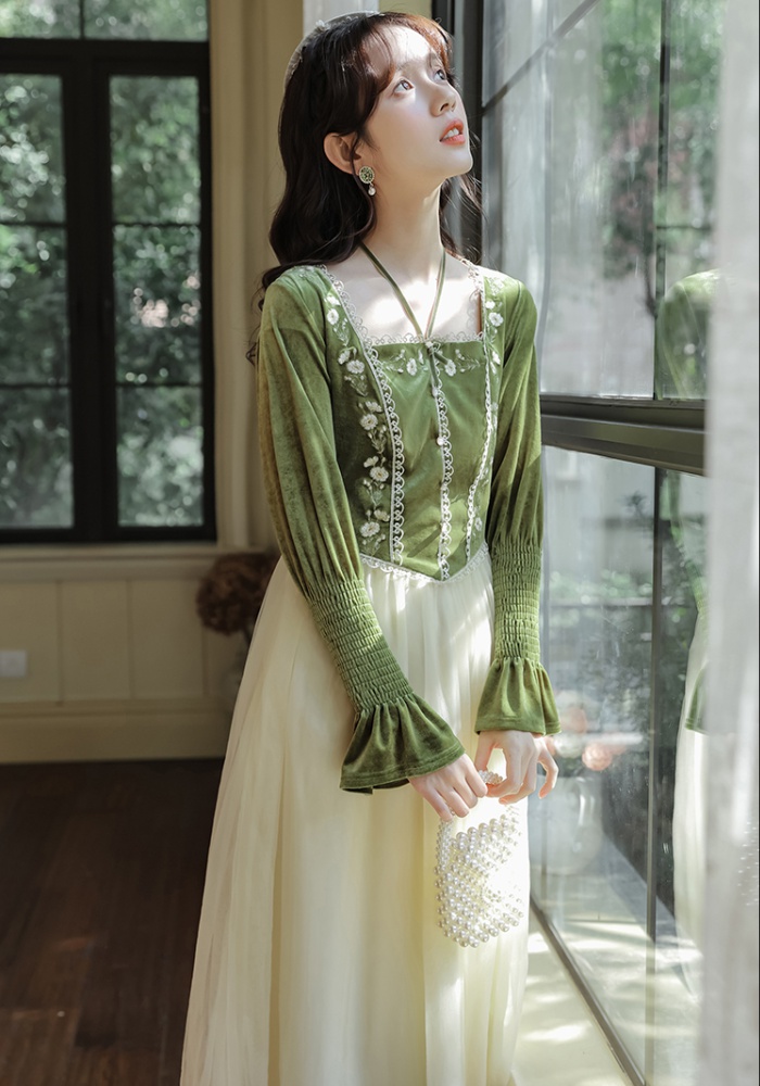 Retro court style lady dress embroidery slim dress