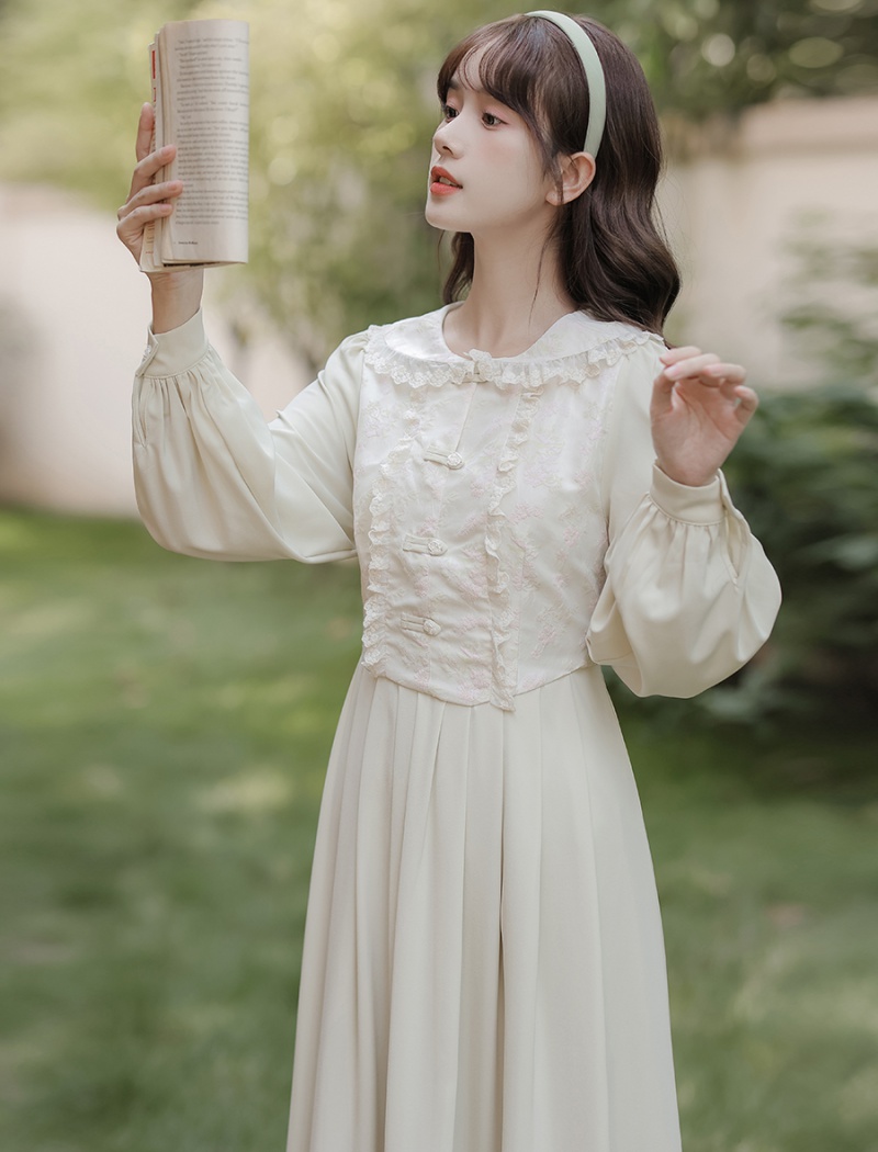 Doll collar high waist maiden cheongsam retro A-line jacquard dress