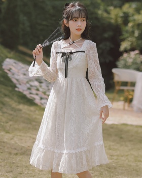 Long sleeve lady dress lace bow long dress