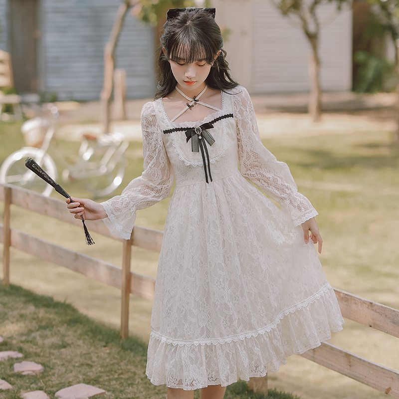 Long sleeve lady dress lace bow long dress