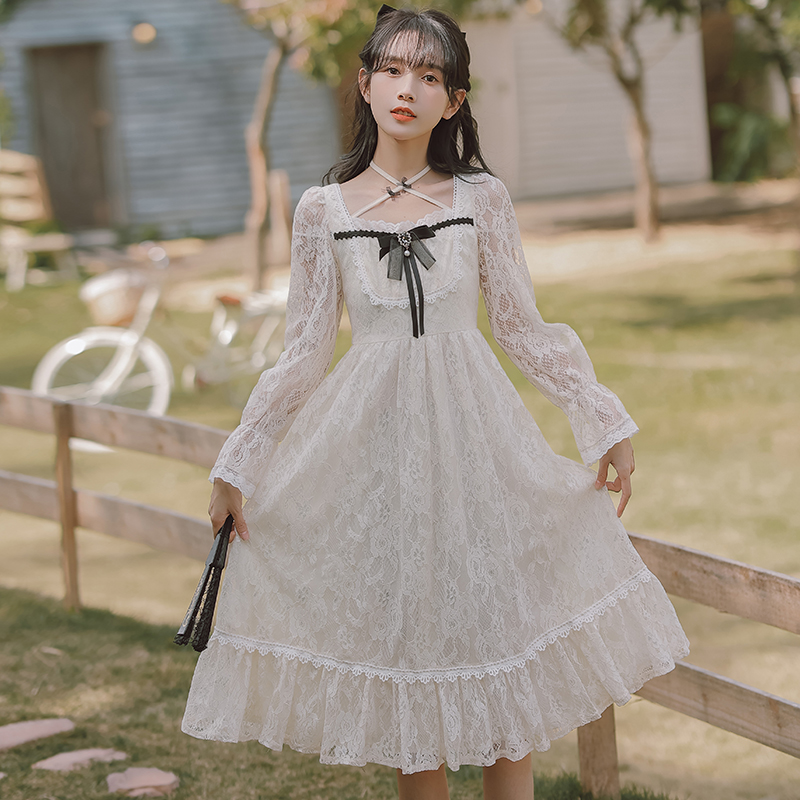 Long sleeve lady dress lace bow long dress